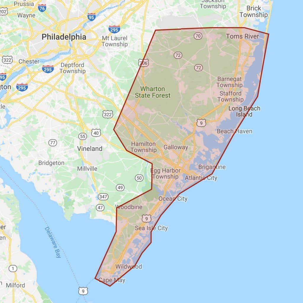 Image of map of service area from Toms River, NJ to Cape May, NJ